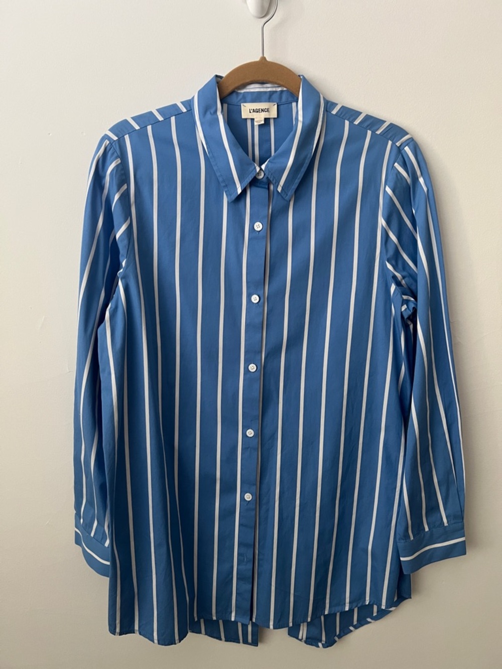 L'AGENCE Blue and White Vertical Stripe Shirt